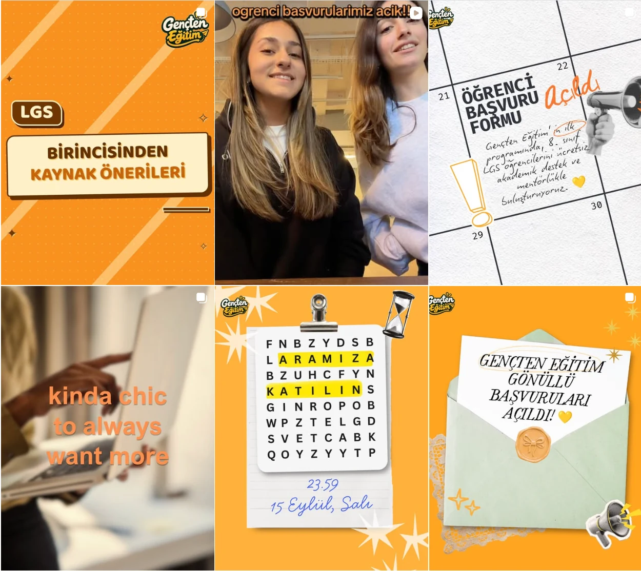 Gençten Eğitim’in kaynak önerileri, öğrenci ve gönüllü başvuru duyurularından oluşan altı Instagram paylaşımı.
