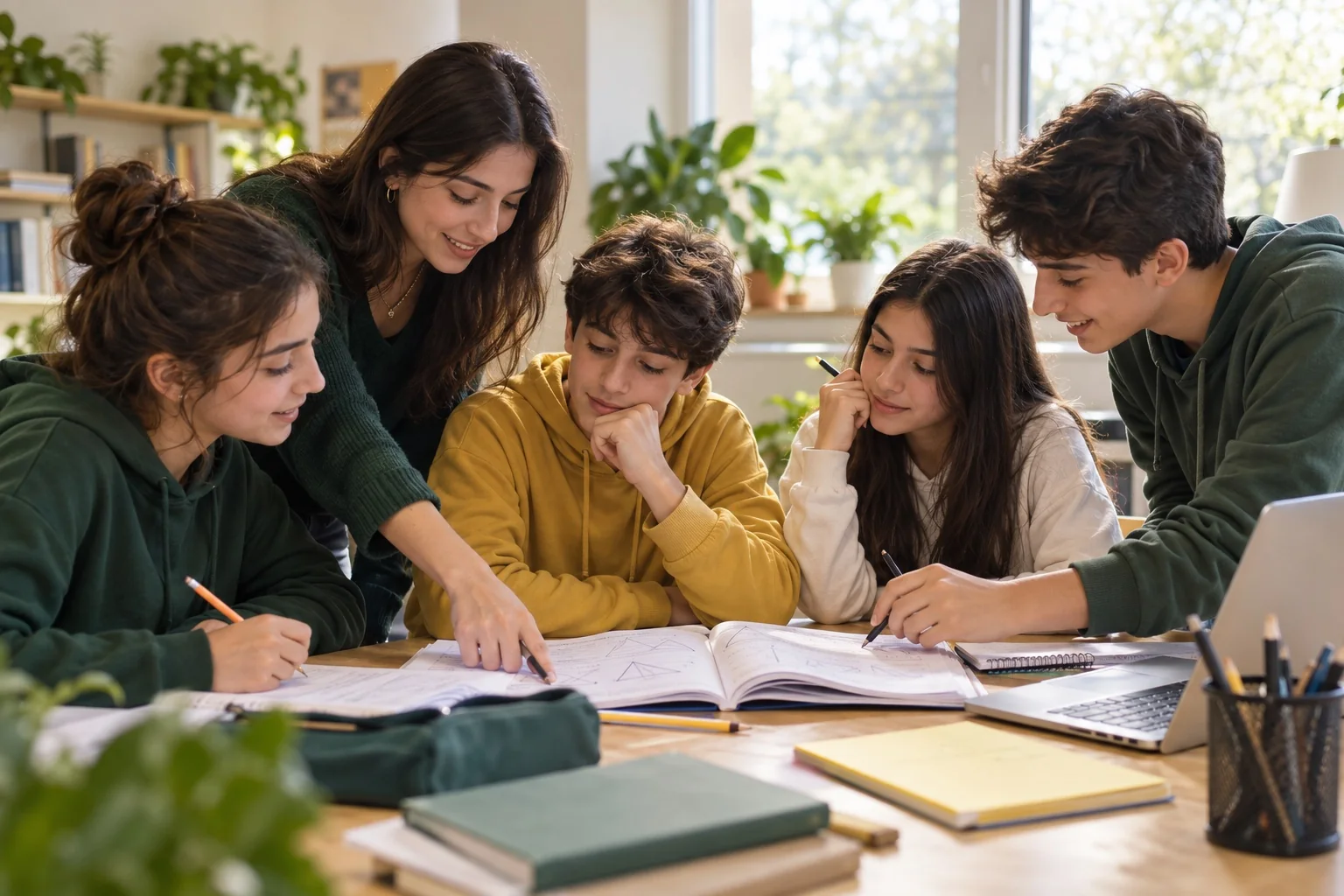 LGS’ye hazırlanan öğrenciler, genç eğitmenleriyle birlikte bir geometri sorusu üzerinde çalışıyor.